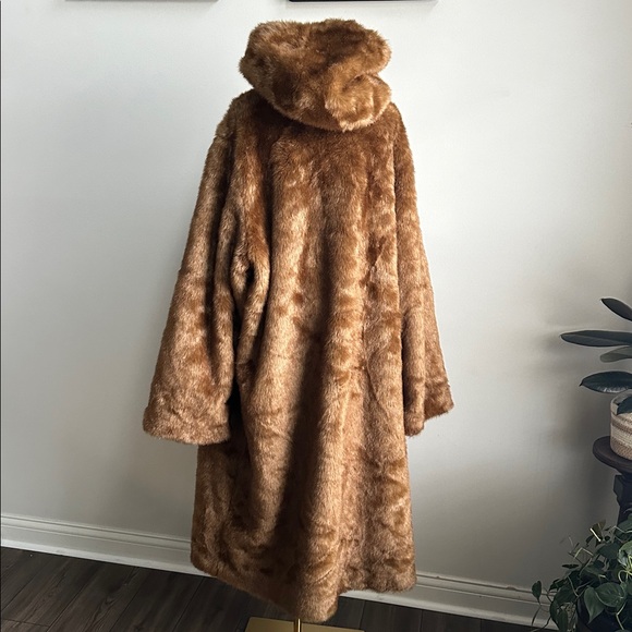 Vintage Neutral Brown Faux Fur Hooded Reversible Full Length Trench Coat 1X Soft - Picture 2 of 13